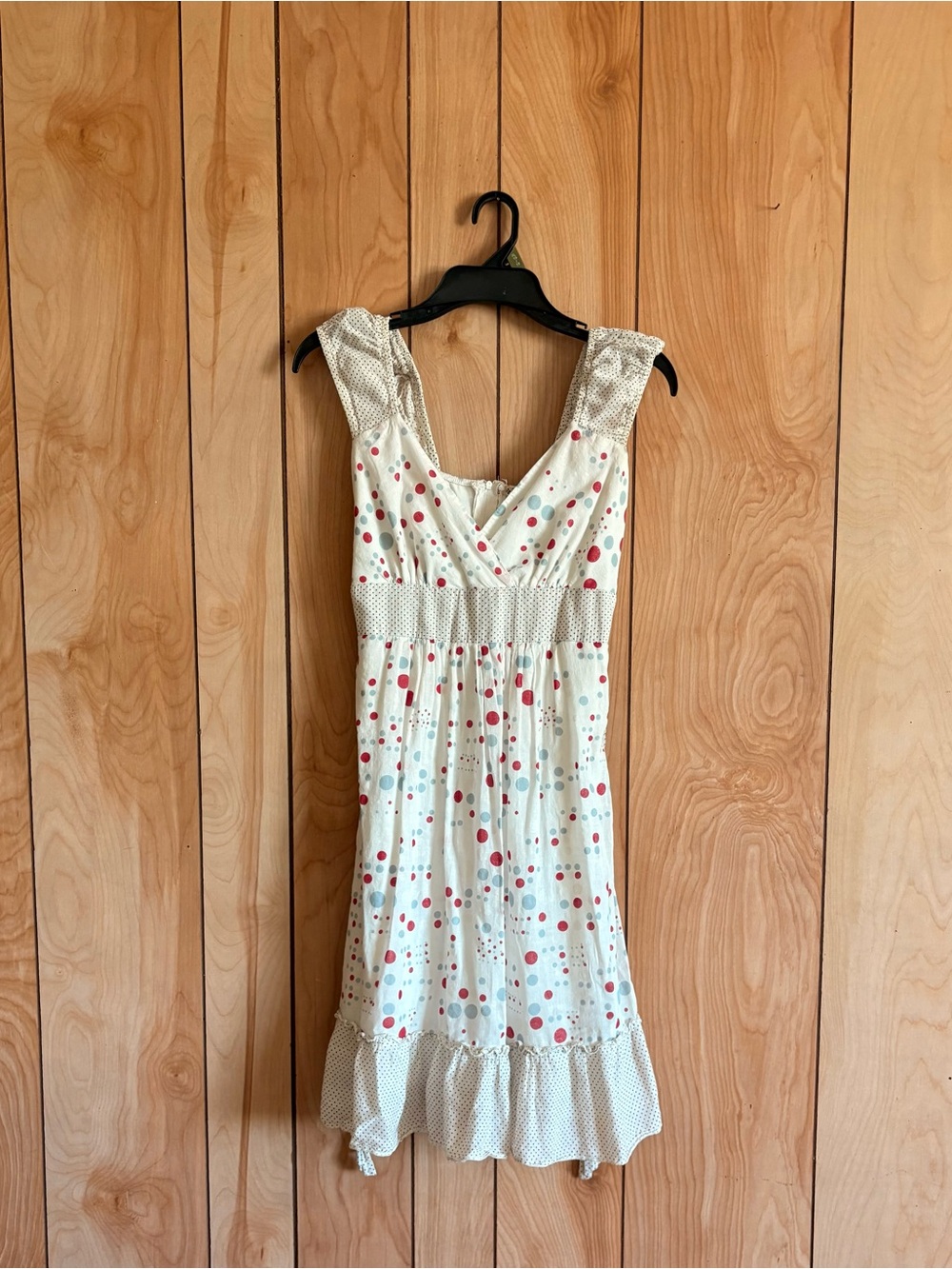 White Polka Dot Sleeveless Mini Dress with Red & Light Blue Dots